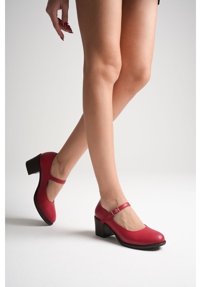 Analin Shoes Kadın Hakiki Deri Bantlı Topuklu Ayakkabı Kırmızı