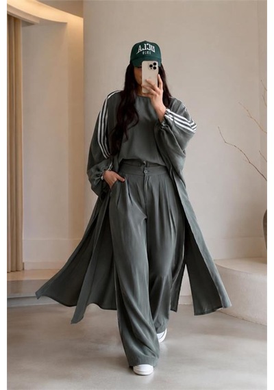 Neşeli Butik Kadın Haki Şerit Detaylı Oversize Tunik Pantolon İkili Tesettür Takım Nms102