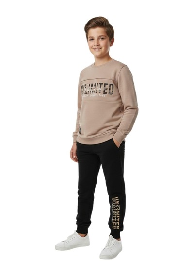 Baglan Erkek Çocuk Önü Baskılı Sweatshirt Ve Eşofman Alt Takım Bgl-st05247 Bej