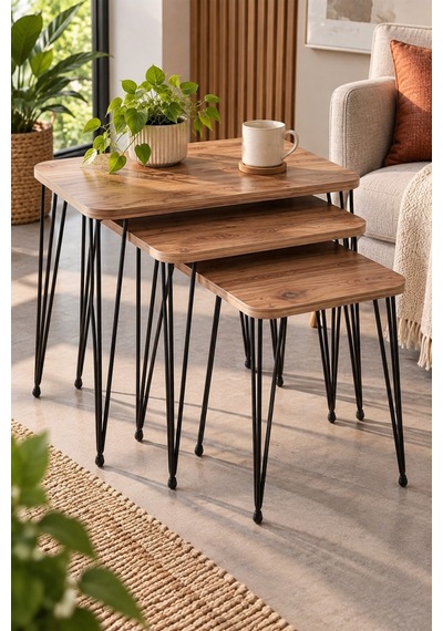 Sulorahome Ceviz Desenli Metal Tel Ayaklı 3'lü Zigon Sehpa Takımı