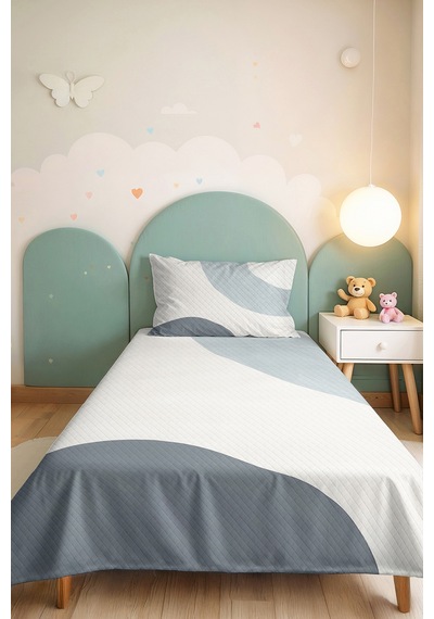 Mavi Geometrik Modern Genç Odası Tek Kişilik Pike Takımı - Gri Minimal 160x220 Cm Yatak Örtüsü Beyaz