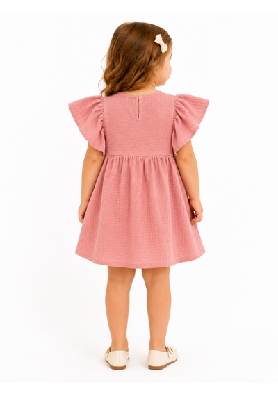 Tucankids Kız Çocuk Pembe Müslin Elbise Fırfır Kollu