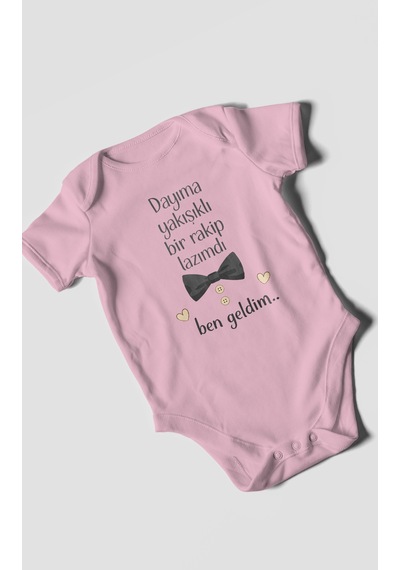 Morivokids Dayıya Özel Kısa Kollu Bebek Body %100 Pamuk Koyu Pembe
