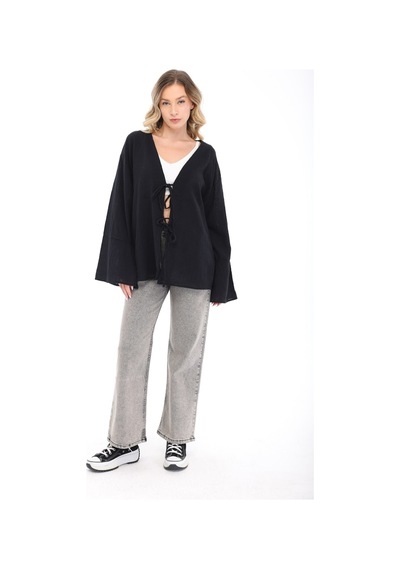 Blayn Jeans Blayn Kadın Keten Kimono Oversize Rahat Kalıp Yazlık Uzun Kollu Kimono Siyah