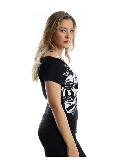 Kadın Kuru Kafa Baskılı Geniş Yakalı T-shirt Siyah