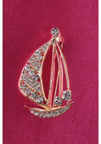 Özgürlüğün Rotası Yelkenli Broş Kristal Taşlı Gold Renkli Unisex Erkek Kadın Yaka İğnesi Gemi Çok renkli
