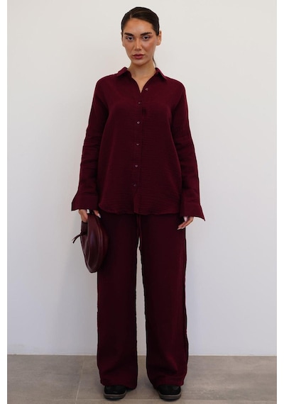 Madmext Bordo Basic Kadın Gömlek Pantolon Takım Mg2461 Bordo