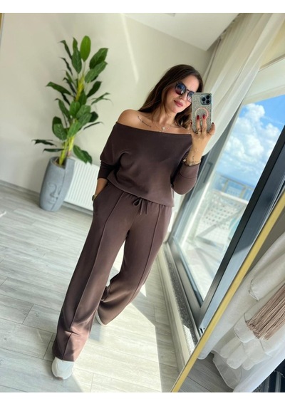 Efnaz Style Kadın Uzun Kollu Tek Omuzdan Açık Modal Bluz Ve Pantolon Ikili Takım Kahve