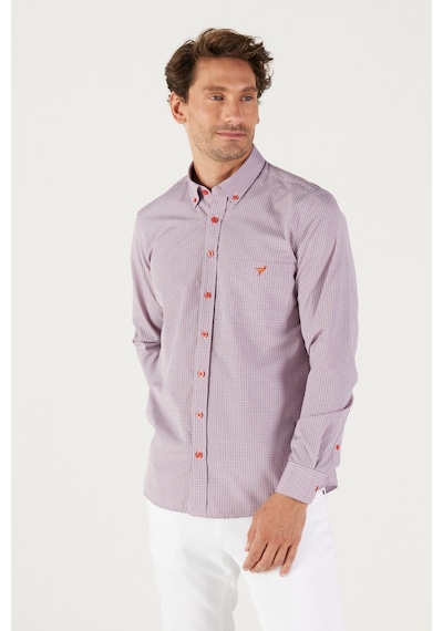 AC&Co / Altınyıldız Classics Erkek Lacı Kırmızı Slim Fit Dar Kesim Düğmeli Yaka Logolu Cepli Pamuklu Çizgili Gömlek Lacivert - Kırmızı