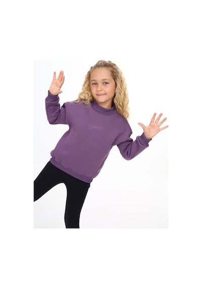 Kız Çocuk Relax Fit Dik Yaka Düşük Omuz Nakış Baskılı Sweatshirt - 3 İplik Şardonlu Mor