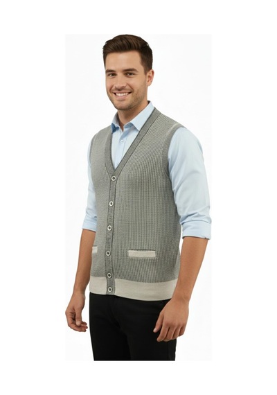 Çizgi Triko Erkek Düğmeli Yelek Cepli Çelik Örgü Klasik Kalıp 5208l Bgl-st04964 Taş