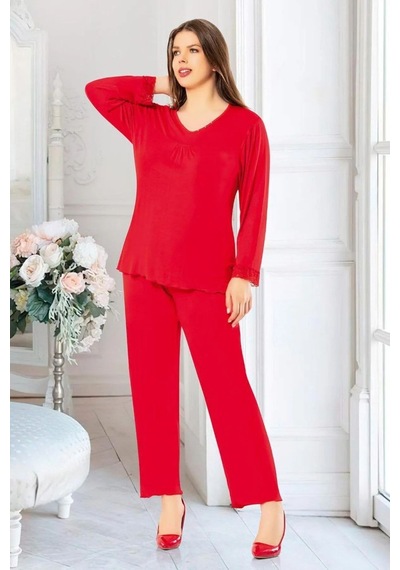 Faal 8806 Kadın Büyük Beden Uzun Kollu Pijama Takım-kırmızı Kırmızı