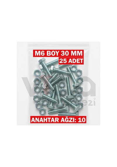 M6x30 Altı Köşe Cıvata + Somun Takımı Çinko Kaplı 25 Adet Takım 1