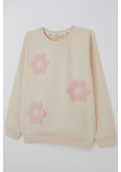 Breeze Kız Çocuk Sweatshirt Triko Papatya Aplikeli 4-8 Yaş , Krem