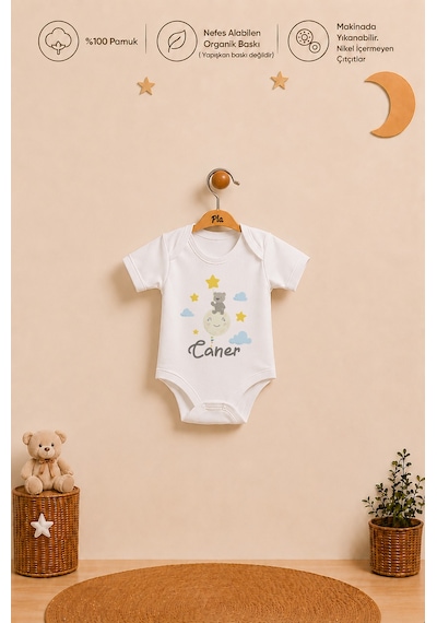 Pia Baby Kişiye Özel Erkek Bebek 2'li Body Zıbın %100 Pamuk Organik Baskılı Çıtçıtlı İsimli Bebek Seti Hediye 2042b22x Ekru