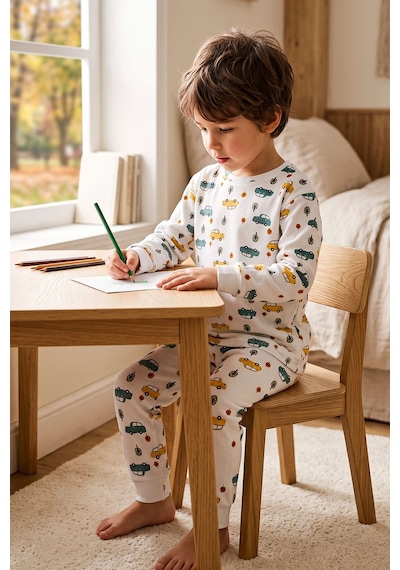 Zuzunga Araba Desenli %100 Pamuk Süprem Kumaş Erkek Bebek - Çocuk Pijama Takımı BEYAZ