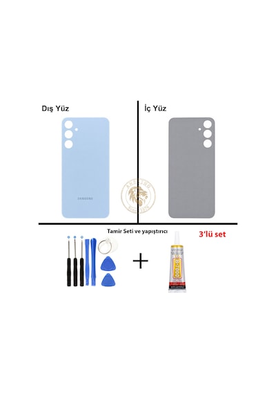 Samsung Galaxy A25 Mavi Renk Arka Kapak + Tamir Seti + B7000 Yapıştırıcı Arka Cam Batarya Kapağı Pil Kapağı Lazer Kesim Back Cover Galaxy A25 Uyumlu