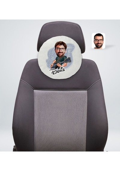 Bk Gift Kişiye Özel İsimli Erkek Gitarist Karikatürlü Yuvarlak Araç Koltuk Yastığı-1 Çok Renkli