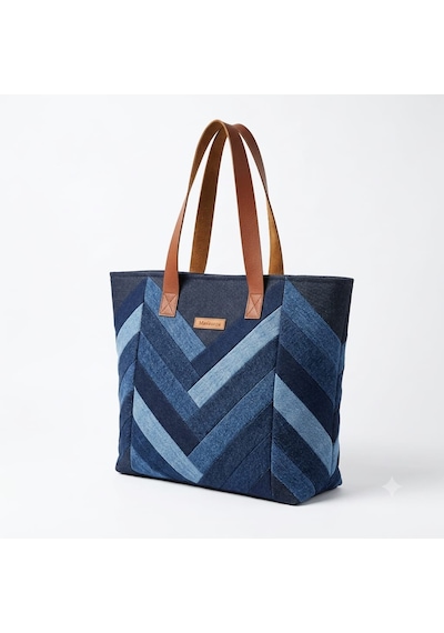 Kadın El Yapımı Patchwork Çok Parçalı Denim Omuz Çantası - Özel Tasarım Kot Tote Bag Çok renkli
