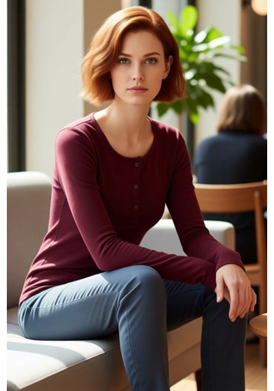 Ersefa Stil Kadın Çıtçıtlı Fitted Vücuda Oturan Fitilli Esnek Bluz Regul bordo