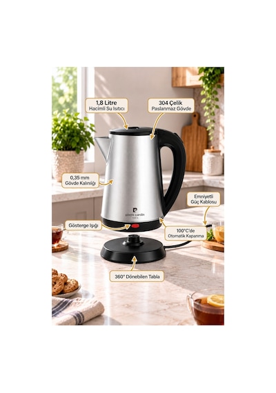 Pierre Cardin Paslanmaz Çelik Su Isıtıcı 1500w 1.8 L Pc-1b1201-1