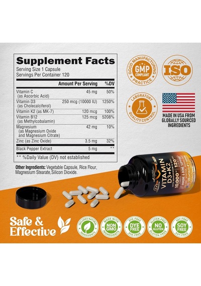 D3 10,000 Iu & K2 120 Mcg With Magnesium, Zinc & Vitamins 120 Capsules