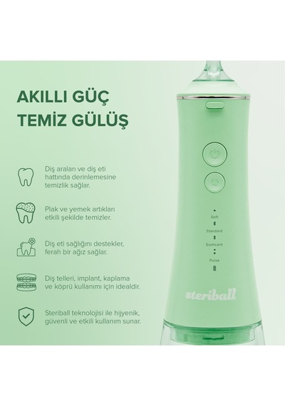 Steriball Oral Irrigator Ağız Duşu Yeşil - 4 Temizlik Modu 360 Dönebilen Başlık 0,60 Mm İnce Su Akışı Yüksek Frekanslı Su Darbesi