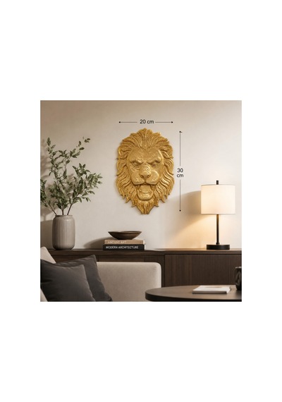Şık Duvar Dekoru Aslan Kafası Altın Rengi 20x30 Cm Askı Aparatlı