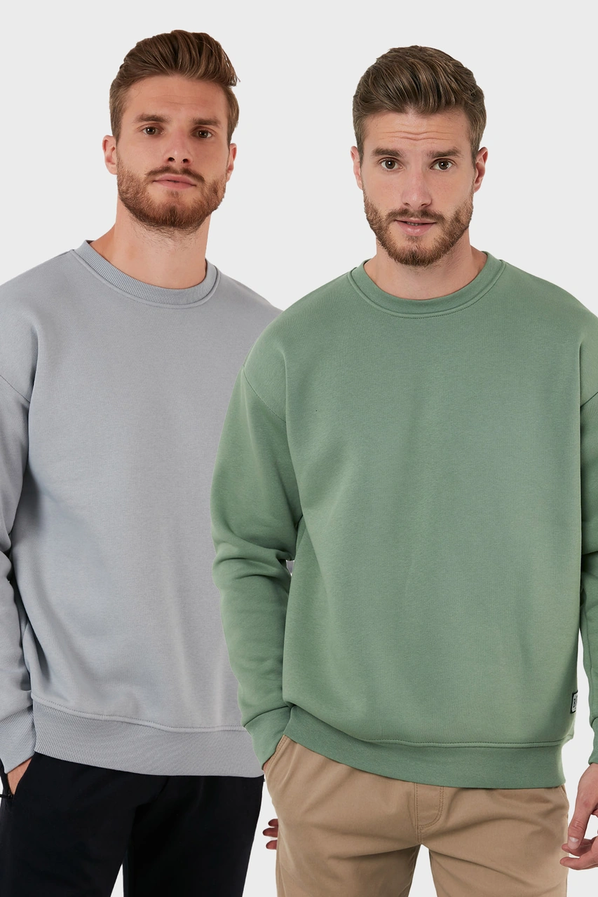 Buratti Regular Fit Bisiklet Yaka Şardonlu 2'Li Paket Erkek Sweat 5905255S2 Elma-Açık Gri