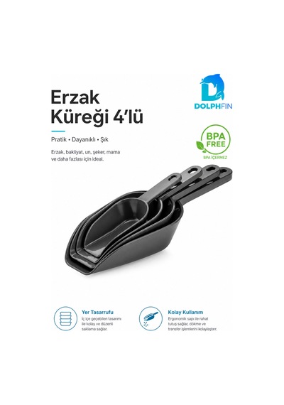4'lü Erzak Küreği Seti Bakliyat Un Şeker Mama Ölçü Ve Aktarma Küreği Siyah Bpa İçermez