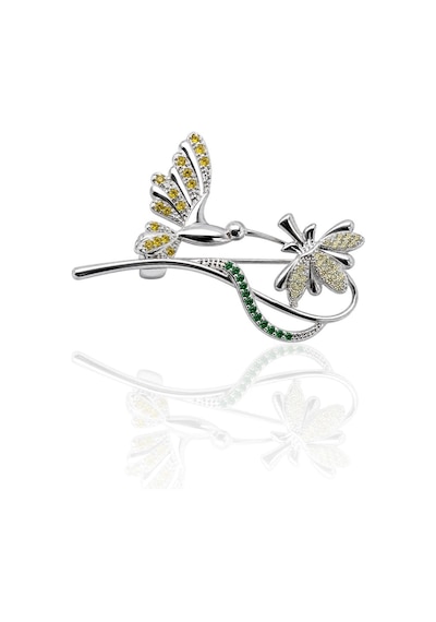 Oya Silver Renkli Zirkon Sinek Kuşu Ve Çiçek Taşlı Broş 3.2x1.7cm Oyot404 Gümüş