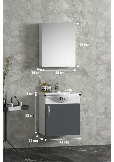 Yıldız 45 Cm Beyaz-antrasit Gri Mat Mdf Seramik Lavabolu Asma Banyo Dolabı Takımı