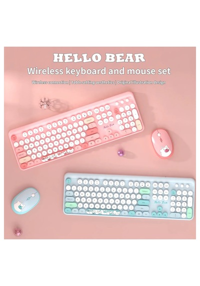 Geezer Hello Bear Kablosuz Klavye Mouse Seti 2.4g Sevimli Ayıcık Desenli Yuvarlak Tuşlu 104 Tuş Renkli Set Optik