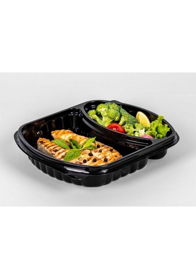 Şeffaf Kapaklı Sıcak Soğuk Isıya Dayanıklı Yemek Salata Kabı 2 Bölmeli 20'li 21 x 25 CM