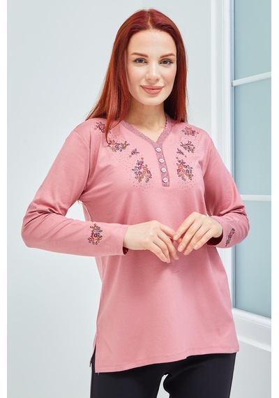 Fresh & Moda Fresh&moda Kadın Pembe V Yaka Düğmeli Çiçekli Likralı Anne Penye 001