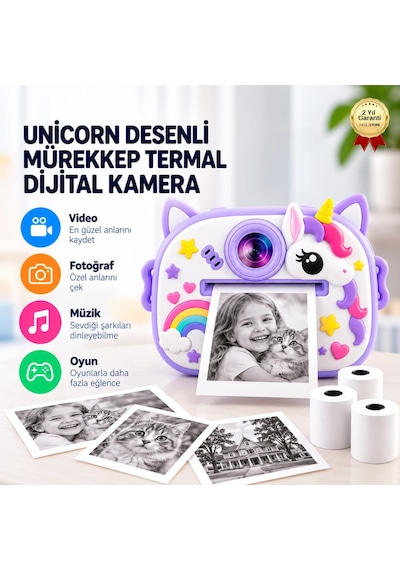 BLUE-6 Anında Baskılı Çocuk Fotoğraf Makinesi,unicorn Desenli,termal Baskılı Dijital Kamera-1804