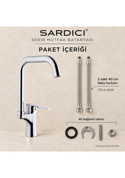 Sardıcı Sedir Mutfak Evye Bataryası Krom Pirinç Gövde Çift Su Girişli Tam Takım