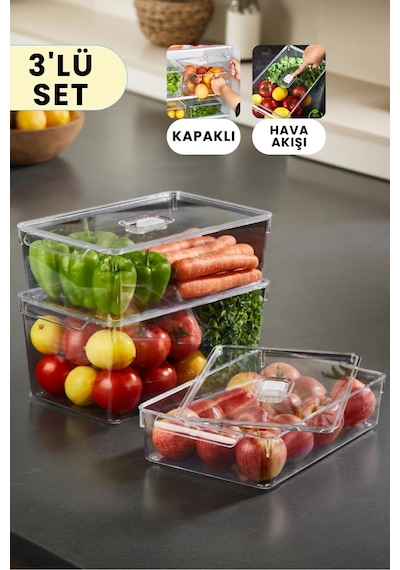 Buzdolabı Dolapiçi Düzenleyici Organizer Kapaklı 3'lü Set Mini, Midi, Maxi Şeffaf