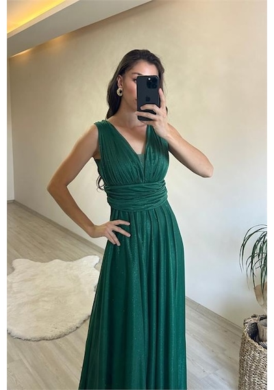 Neşeli Butik Kadın Drapeli Işıltılı Kalın Askılı Abiye Elbise Nm003 Zümrüt Yeşili