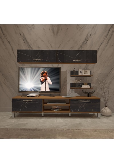Decoraktiv Eko 5 Mdf Dvd Krom Ayaklı Tv Ünitesi Tv Sehpası Ceviz - Siyah Mermer