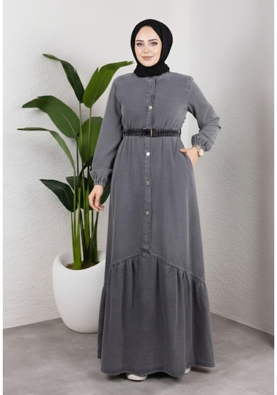 Hb Harma Time Butik Kadın Düğmeli Kuşaklı Denim Koyu Gri Kot Elbise