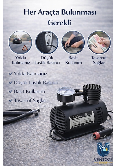 Taşınabilir Hava Kompresörü 12v 300 Ps I Araç Lastik Şişirme Pompası Mini Elektrikli Kompresör 12 V 300 Ps