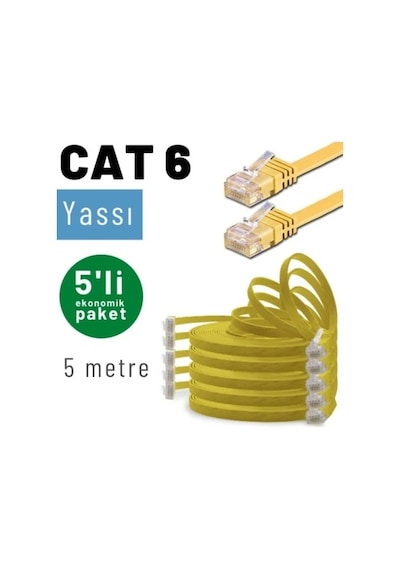 Irenıs 5 Adet 5 Metre Sarı Cat6 Kablo Yassı Ethernet Network Lan Ağ İnternet Kablosu