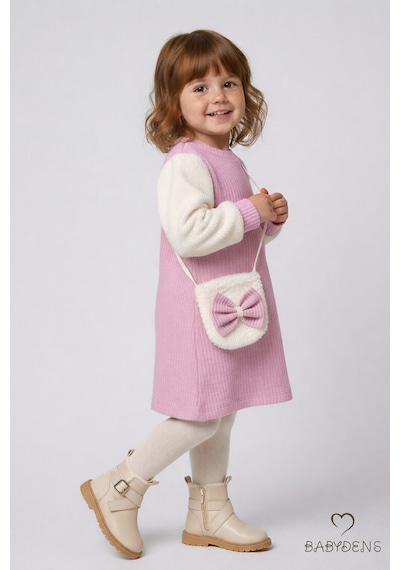 Babyden's Bayramlık Şık Ve Rahat Kız Bebek Elbise Çantalı Yumuşak Peluş Kollu Kışlık Çocuk Kombini Pembe