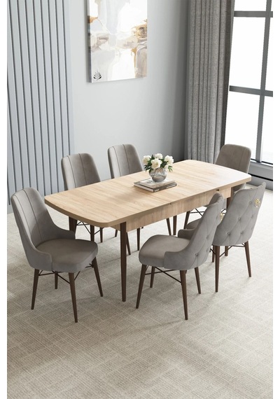 Zümra Serisi, Meşe Desen 80x132 Açılabilir Mdf Mutfak Masası Takımı 6 Adet Sandalye, Gri Zümra Serisi, Meşe Desen 80x132 Açılabilir Mdf Mutfak Masası Takımı 6 Adet Sandalye, Gri