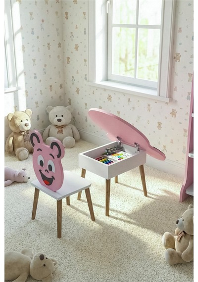 Çocuk Masası & Çocuk Sandalyesi Happy Face Sevimli Figürlü Set Pembe