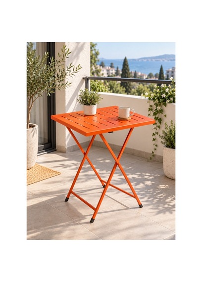 Katlanır Metal Balkon Bahçe Bistro Masa 50x50 Cm Kare Masa 75 Cm Turuncu 1644