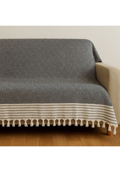 Reno Desen Dokuma %100 Pamuklu Çok Amaçlı Pike Koltuk Örtüsü 180x230 Siyah