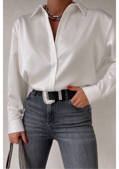 Genel Markalar Yeni Sezon Kadın Beyaz Pamuk Saten Gömlek-emmas Clothing Beyaz Beyaz