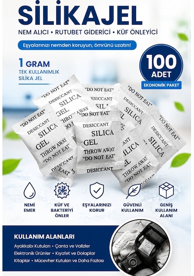 100 Adet 1 Gr Silikajel Nem Alıcı Rutubet Giderici Küf Önleyici Silika Jel Paketi